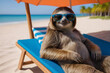 sloth in sunglasses resting in a sun lounger on the beach