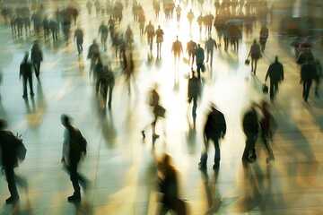 Wall Mural - Blured motion, long exposure shot of a crowd of business people walking in the office lobby