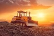 Bulldozer machine on a dirt terrain at sunset