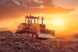 Fototapeta  - Bulldozer machine on a dirt terrain at sunset