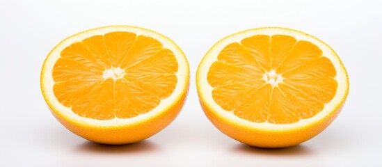 Wall Mural - Fresh halves of an orange resting on a clean white tabletop, showcasing vibrant citrus colors