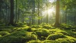 serene morning in a moss-covered forest, vibrant green moss, natural background