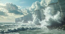 Realistic Photo: View Of A Chalk Cliff From The Sea, Large Waves Breaking On The Rocks At The Foot Of The Cliff. Embrums