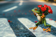 Funny frog crossing the road in spring mating season, holding red roses flower bouquet in hand, copy space on street crosswalk