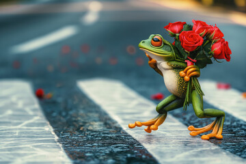 funny frog crossing the road in spring mating season, holding red roses flower bouquet in hand, copy