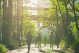Fototapeta Przestrzenne - People walking in an office building with trees and sunlight motion blured