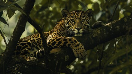 Wall Mural - South America jaguar or panther in the nature habitat wildlife background. Generative AI