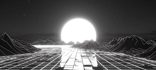 3d abstract black and white retroway. retro 80s 90s retrowave landscape topographic. grey mountains 