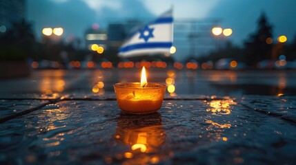 Yom HaZikaron theme, a single candle lit in a small glass, placed on a stone surface with the backdrop of a waving Israeli flag at half-mast