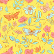 Floral seamless pattern. Vector doodles, butterflies, flowers, plants. Rough sketch style