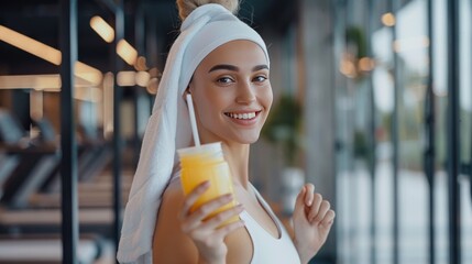 Wall Mural - Portrait happy young woman in sportswear with white towel holding healthy drink. AI generated