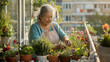 senior lady cultivating some herbs and flowers in a balcony garden in a city on a sunny and bright morning with lots of flower pots around