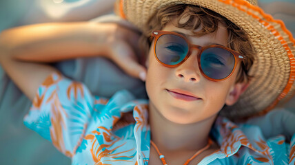 A close-up portrait of a boy in sunglasses resting on the seashore. Summer holidays and vacations