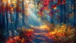 Autumn magical forest background, tree faded in mist