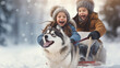 boy and girl have fun in winter. Siberian husky dog ​​pulls children on a sled