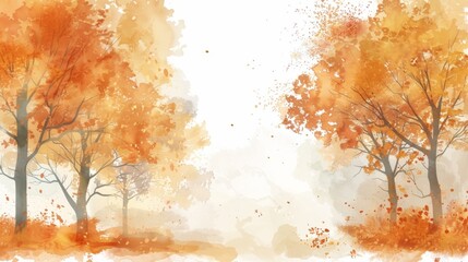 Wall Mural - Watercolor of autumn forest, yellow and red colors of fall trees,