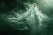 Abstract white transparent ghost figure flying in the dark, light green and black color scheme