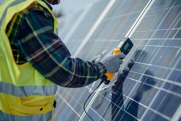 Close up of engineer installing solar panels on the rooftop. Electrical technician at work, alternative renewable energy generation concept. Generative AI. 