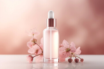 Wall Mural - pipette bottle on pink blurred background with sakura blossom petals.