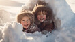 small children will have fun playing in the snow fort on a sunny winter day