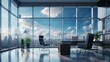 Modern Corporate Office Interior with Panoramic Windows and Cityscape View
