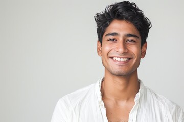 Canvas Print - Portrait of a Happy Young Man in White Shirt with Bright Smile. Generative AI.