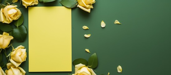 Poster - Yellow roses and green leaves are arranged on a vibrant green background, accompanied by a blank piece of paper for text or designs