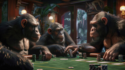 Chimpanzees engaged in a tense poker game, surrounded by a lush jungle visible through the windows behind them.