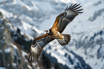 Sticker - A majestic Bearded Vulture soars with outstretched wings against the stunning backdrop of snow-covered peaks