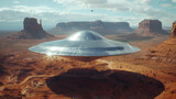 Silver Metallic UFO UAP hovering over Desert Landscape with Mountains in Arizona 
