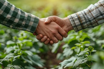 Two people shaking hands over a lush green crop field illustrating partnership and growth