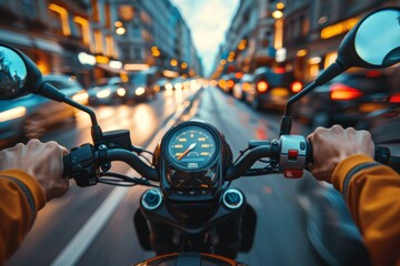 Poster - A motorcyclist's first-person perspective captures the thrill of speeding through urban traffic, with a close-up of the bike's speedometer and handlebars