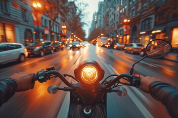 Poster - A captivating image from a motorcycle rider's perspective cruising down a vibrant city street with illuminated headlight at dusk