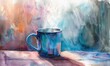 Watercolor painting of a coffee mug with steam rising