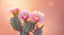 Three Pink Flowers Are On A Green Cactus. The Cactus Is Tall And Has A Spiky Appearance. The Flowers Are The Main Focus Of The Image