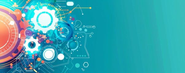 banner design with a white circle and colorful gears on a blue background digital technology circuit board network connection structure Generative AI