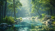 serenity of a tranquil river winding through a forest