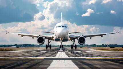 Airplane positioned on runway ready for takeoff under a cloudy sky.