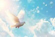 Funeral background with white doves flying in the blue sky, copy space for text