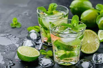 Wall Mural - Glasses with cold alcohol mojito cocktail with cava and fresh limes served with ice and mint leaves on table