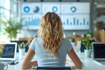 Poster - A focused businesswoman assesses complex financial data on a screen, representing dedication to corporate analysis and strategy