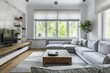 © Aliaksandr Siamko - Grey sofa with coffee table and television placed next to bright window in living room at modern white house