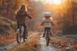 Two young girls enjoying a bike ride surrounded by the golden hues of fall foliage and warm sunset light