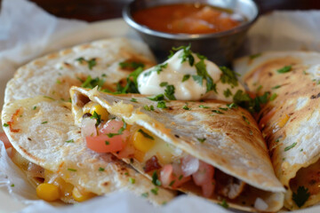 Wall Mural - Cheese quesadilla served with sour cream and salsa.