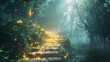 A pathway in the forest that glows, leading to an unknown, magical destination.
