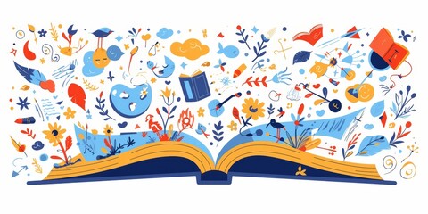 Wall Mural - An open book with colorful pages and vibrant illustrations of school icons, such as kites or clouds, swirling around