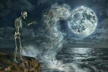 Under The Glow Of A Haunting Full Moon, A Skeletal Figure And A Nebulous Form Stand On A Cliff Overlooking A Tempestuous Sea, Symbolizing An Eternal Dance With Fear