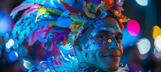 Poster - A man with a colorful headpiece and feathers on his face. Generative AI.