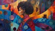 A painting of a woman with an afro and colorful background, AI