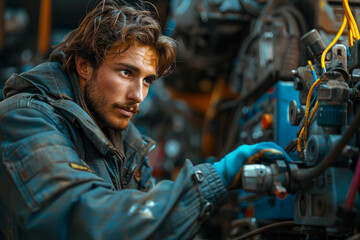 Poster - a skilled mechanic diagnosing and repairing complex automotive issues with ease, restoring vehicles 